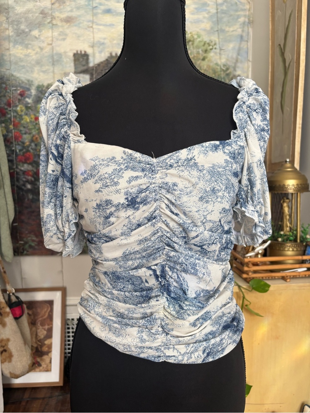 Ruched Blue & White Toile Puff Sleeve Top - Women